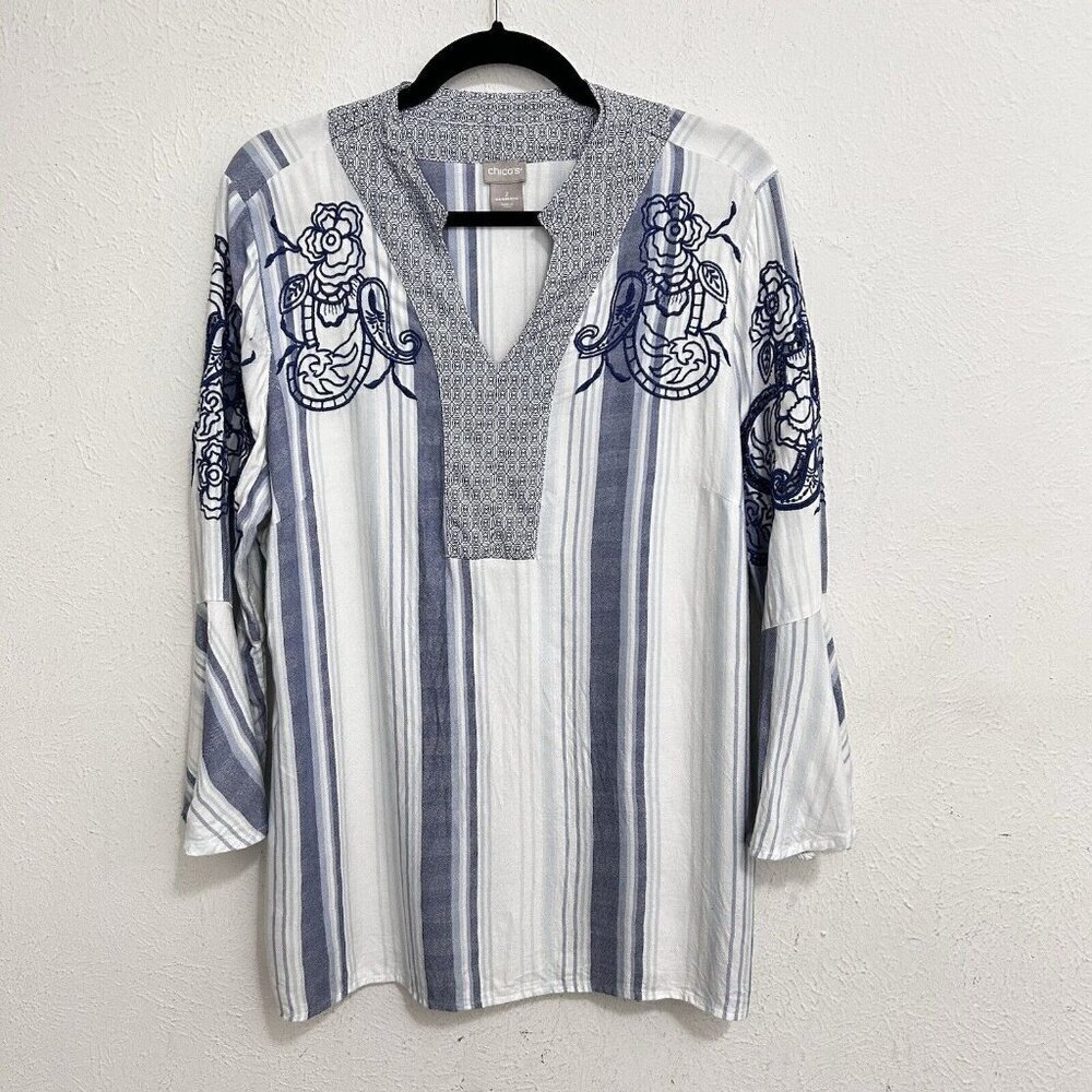 Chico's Blue and White Striped Embroidered V-Neck Blouse